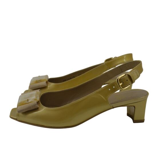 Stuart Weitzman Gold Patent Leather Block Heel Bow Size 6.5 - Picture 1 of 12